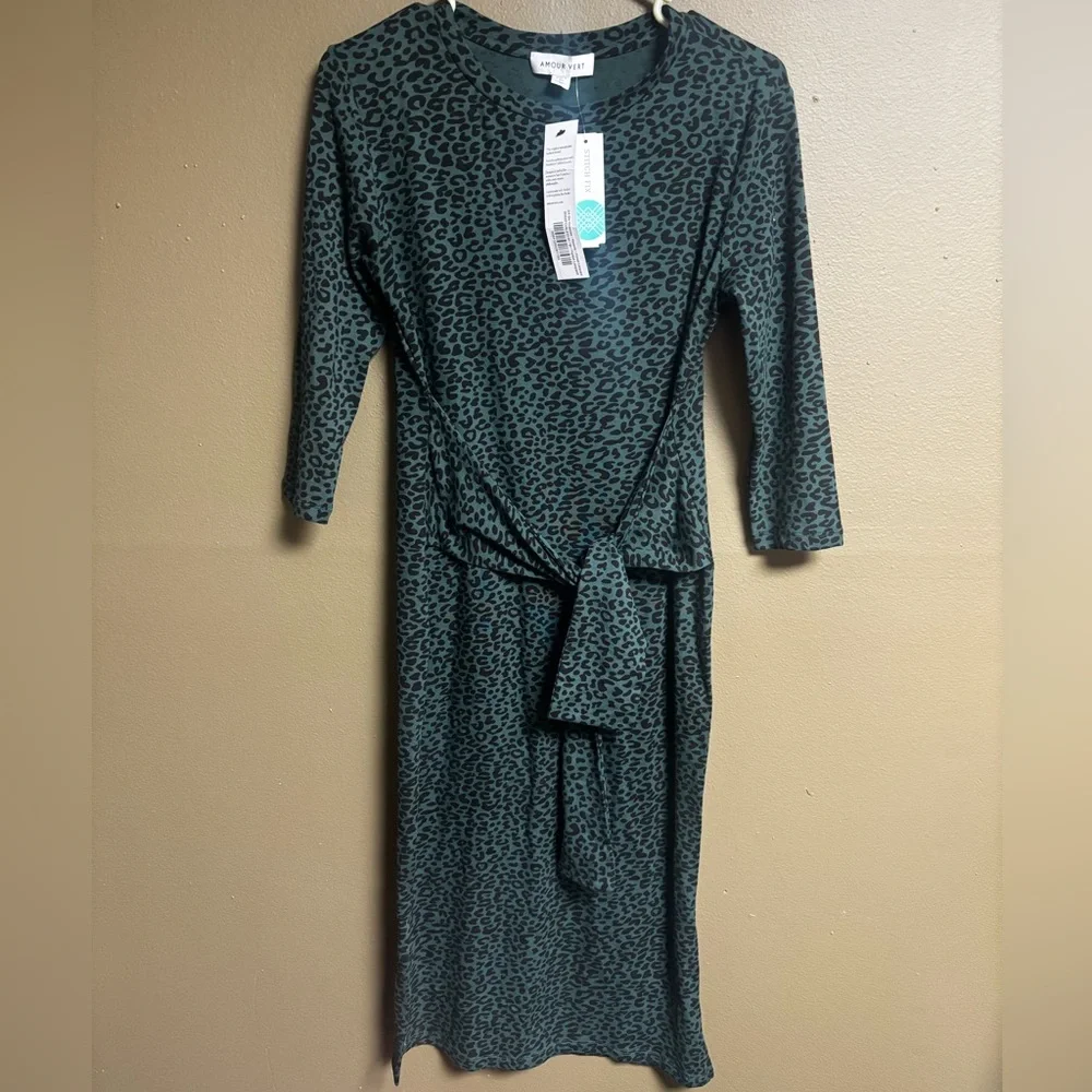 NEW Amour Vert Leopard Green Print Wrap Waist Dress size Medium